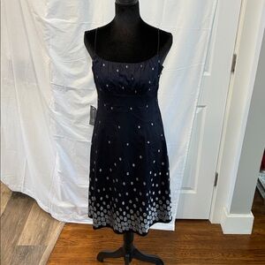 Ann Taylor Navy Midi Dress with Silver Dot Hem.